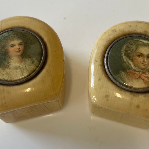 early celluloid trinket pots , lady pictures to lids, horseshoe shape, c.1900, Victorian boxes,  jewellery boxes, celluloid boxes, antique