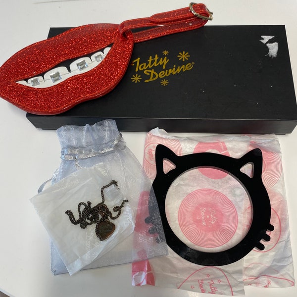 Tatty Devine, 3 items, cat bangle, lips luggage label in box, bronzed Tatty Devine chain, London designer, recycled jewellery