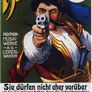 May include: A vintage advertisement for a typewriter with the text "ALT!" in yellow and red letters. The image features a man in a red fez and a white shirt holding a revolver. The text "Polygraph" is written in cursive and the text "Sie dürfen nicht eher vorüber als bis Sie gelesen haben, dass die Schreibmaschine "Polygraph" ein deutsches, erstklassiges Fabrikat ist." is written in black.