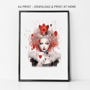 Koningin van harten afdrukbare wonderland print, wonderland kunst, a4 wonderland muur print, magische kunst, Alice koningin van harten print, koningin van harten