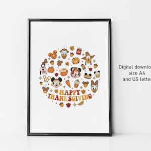 Cartel de Acción de Gracias de Disney, arte de Halloween de Disney, arte de otoño de Disney, póster de otoño de Disney, decoración de Acción de Gracias de Disney, póster de feliz Día de Acción de Gracias
