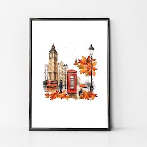Cartel de Londres en otoño, imagen de Londres, cartel de Londres, cartel del Big Ben, arte de Londres imprimible, signo de otoño, impresión de pared de Londres, signo de otoño, Big Ben a4