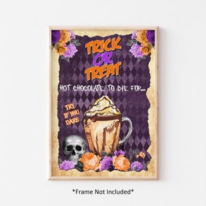 Póster de chocolate caliente de Halloween, impresión de truco o trato, estación de chocolate caliente, póster de chocolate caliente de otoño, arte de cocina de Halloween, cocina gótica