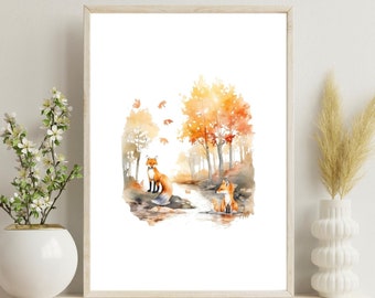Autumn woodland art,foxes art,autumn woodland poster,fall picture,beautiful autumn art,foxes watercolour poster,fox poster,fox picture,fall
