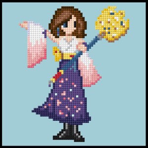 May include: A pixel art illustration of a female character with brown hair, wearing a white top, a purple and pink skirt with white polka dots, and pink and white sleeves. She is holding a yellow staff with a gold star on top.