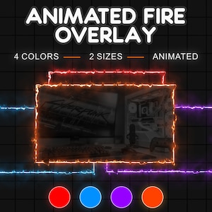 May include: Animated fire overlay available in four colours: red, blue, purple, and orange. The overlay comes in two sizes and can be used to add a fiery effect to videos or images.