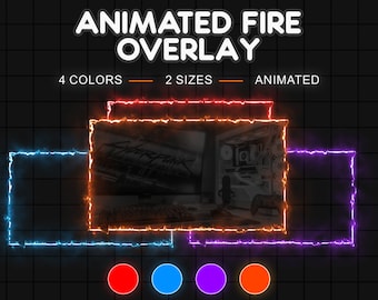 May include: Animated fire overlay with four different colors: red, blue, purple, and orange. The overlay is in two sizes and can be used to add a fiery effect to videos or images.