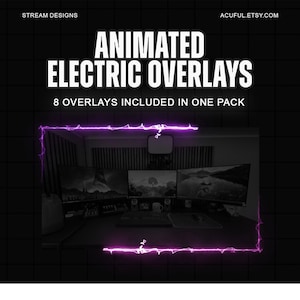 May include: Animated electric overlays for streaming. Eight overlays are included in one pack. The image shows a computer setup with three monitors and a desk with a keyboard, mouse, and other accessories. The overlays are shown in a purple electric style.