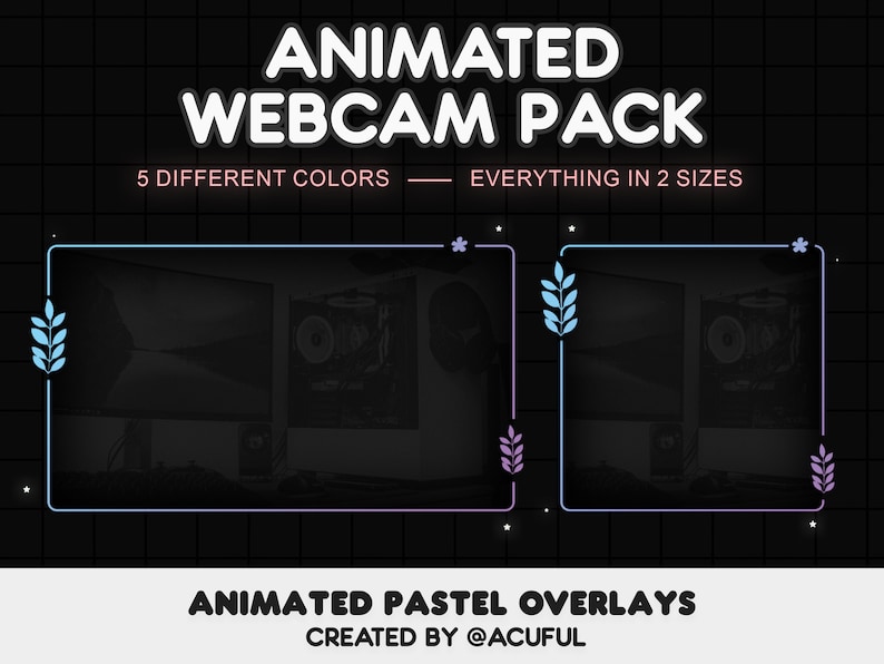 K&ouml;nnte beinhalten: Animierte Webcam-Overlays in Pastellfarben. Das Bild zeigt zwei verschiedene Webcam-Overlays mit einem blauen und rosa Rand. Der Text "ANIMATED PASTEL OVERLAYS" und "CREATED BY @ACUFUL" wird unter den Overlays angezeigt.