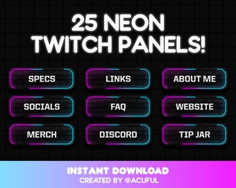 x25 Twitch Panels Pack | Glow neon panel set for Twitch | Professional clean stream profile panels | Blue and purple | Futuristic panel set