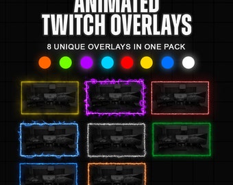 May include: Animated Twitch overlays with 8 unique designs. The overlays feature a variety of colors, including yellow, green, purple, blue, red, orange, and white. Each overlay has a glowing, animated border.
