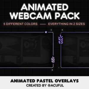 K&ouml;nnte beinhalten: Animierte Webcam-Overlays in zwei Gr&ouml;&szlig;en mit Pastellfarben. Die Overlays haben ein schlichtes Design mit einer Pflanzengrafik in der Ecke. Der Text "ANIMATED PASTEL OVERLAYS" und "CREATED BY @ACUFUL" wird unter den Overlays angezeigt.