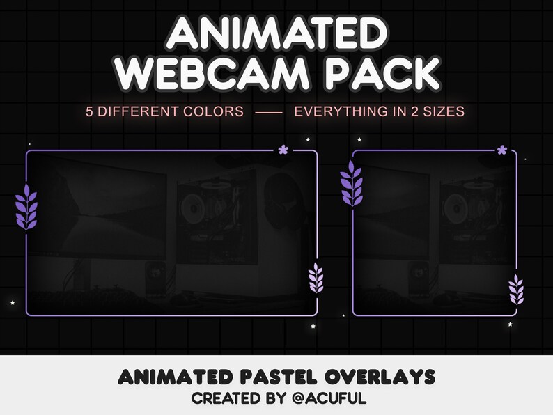 K&ouml;nnte beinhalten: Animierte Webcam-Overlays in zwei Gr&ouml;&szlig;en mit Pastellfarben. Die Overlays haben ein schlichtes Design mit einer Pflanzengrafik in der Ecke. Der Text "ANIMATED PASTEL OVERLAYS" und "CREATED BY @ACUFUL" wird unter den Overlays angezeigt.