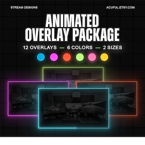 Puede incluir: Gráfico de un paquete de superposición animada con el texto "ANIMATED OVERLAY PACKAGE". Incluye 12 superposiciones, 6 colores y 2 tamaños. La imagen presenta un fondo negro con bordes y círculos de neón coloridos.