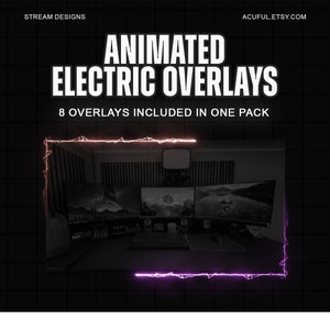 May include: Animated electric overlays for streaming, with 8 overlays included in one pack. The image shows a computer setup with three monitors displaying a dark landscape scene. The monitors are framed by a pink and white electric border.