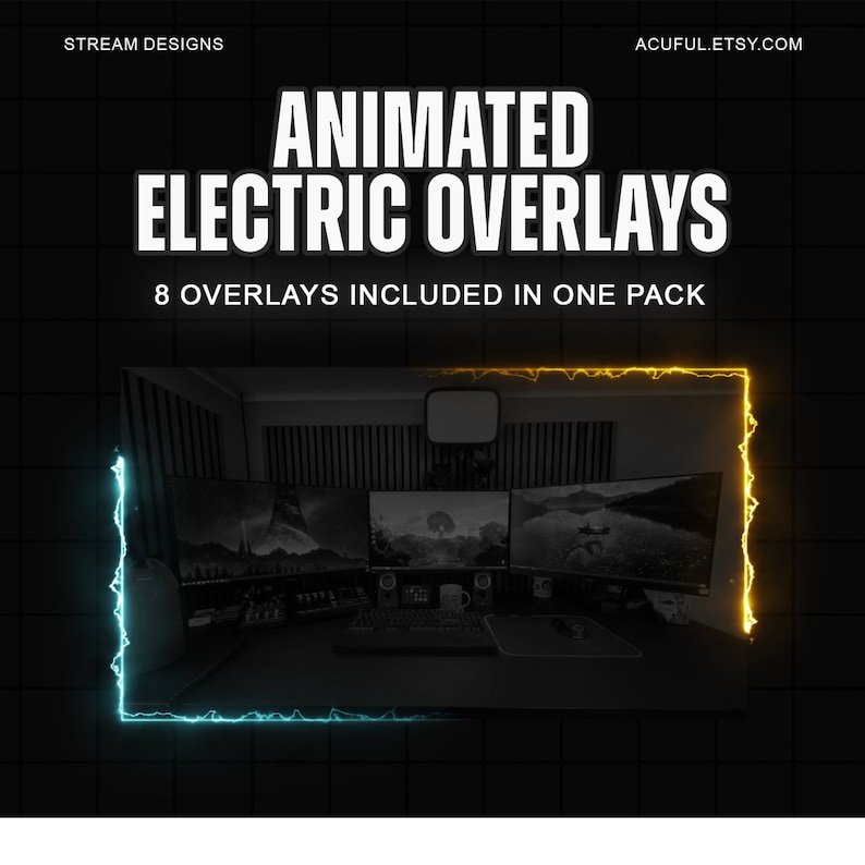 May include: Animated electric overlays for streaming. Eight overlays are included in one pack. The image shows a dark room with a computer setup and three monitors. The monitors are displaying a video game. The overlays are animated and have a blue and yellow electric effect.