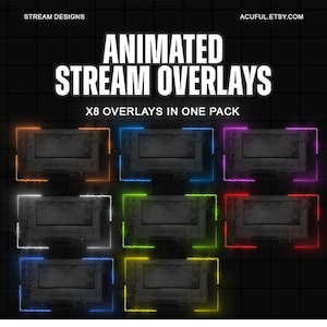 以下が含まれることがあります： オレンジ、青、紫、白、緑、赤など、さまざまな色のアニメーションストリームオーバーレイ。 オーバーレイは長方形で、内側は濃いグレー、縁は光っています。 テキスト「ANIMATED STREAM OVERLAYS」が目立つように表示されています。