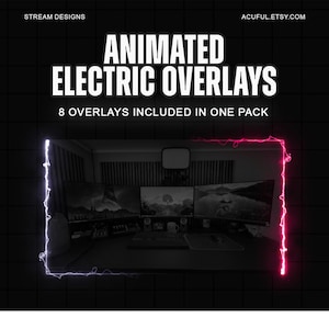 May include: Animated electric overlays for streaming. Eight overlays are included in one pack. The image shows a computer setup with three monitors, a keyboard, and a mouse. The overlays are animated and have a bright pink and white electric effect.