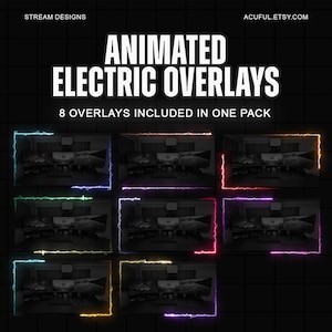 May include: Eight animated electric overlays for streaming. The overlays are in different colors, including red, orange, yellow, green, blue, purple, pink, and white. The overlays are in the shape of a rectangle with a jagged edge. The overlays are on a black background.