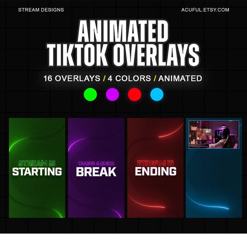 Paquete de superposiciones de TikTok / Gráficos animados de neón para transmisiones en vivo / Escenas para creadores en vivo / Diseños de marcos verticales para cámara web imagen 1