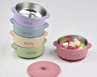 Personalized Baby Feeding Bowl, Stainless Steel Toddler Bowl, Baby Weaning Bowl with Lid, Silicone Training Bowl, Custom Baby Shower Gift