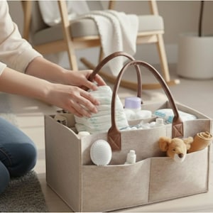 Cesta Organizadora Fieltro - Bolso Pañales, Cambiador Portátil, Esenciales Bebé, Bolsillo Grande Almacenamiento Niños