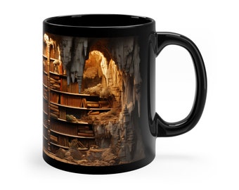 3D Bookshelf Black Ceramic Mug, Book Lover Gift