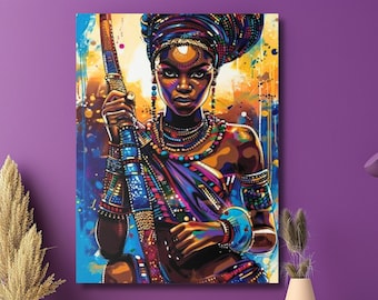 May include: A vibrant wall art print featuring a stylized portrait of a person wearing a headwrap and beaded jewelry, holding a long staff. The artwork uses a bold color palette of blue, yellow, and purple with abstract paint splatters and strokes.