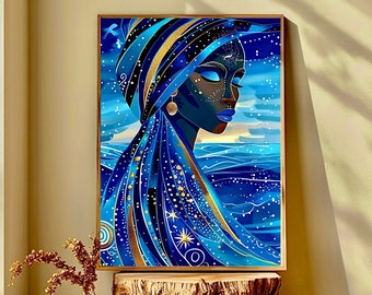 Yemaya Wall Print, Set of 4 Vibrant Wall Art, Black Woman Art, Digital Yemoya Orisha Art, Fantasy Wall Art, Digital Download