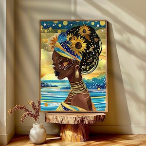 Oshun Goddess Wall Art, Set of 4 Vibrant Orisha African Artwork, Flower Head Woman Art, Digital Sunflower Women Artwork, Downloadable Print