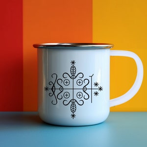 Papa Legba's Gateway: 12 Oz Enamel Mug Featuring Atibon Legba Vodou Veve - Connect with Divine Wisdom and Spiritual Guidance