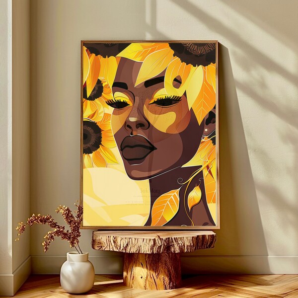 Black Woman Art, Oshun Orisha African Artwork, Flower Head Woman Art, Digital Sunfloral Women Artwork, Downloadable Print