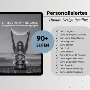 Puede incluir: Una oferta de lectura personalizada de Human Design. La imagen muestra una foto en blanco y negro de una persona con un diagrama de Human Design superpuesto en su cuerpo. El texto "Human Design Reading" y "Analyse deiner individuellen Einzigartigkeit" se muestra en la imagen. El texto "90+ Seiten" se muestra en un círculo azul.