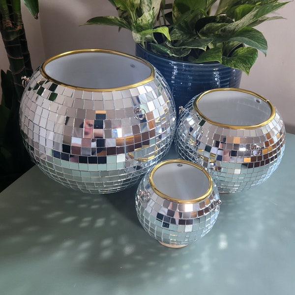 Disco Ball Hanging Planter - 3 Sizes - Handmade Retro Design - New Home Gift - Gift for Her - Birthday Gift - Mirror Tiles