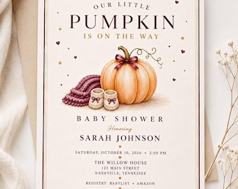Pumpkin Baby Shower Invitation, Custom Fall Baby Shower Invitation, Little Pumpkin Invite, Printed or Digital Invitation, Autumn Baby Shower