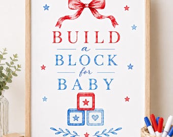 Bouw een blok voor babybord, babyshower rood wit en babyblauw, patriottisch 4 juli decor babyshower, afdrukbaar bord