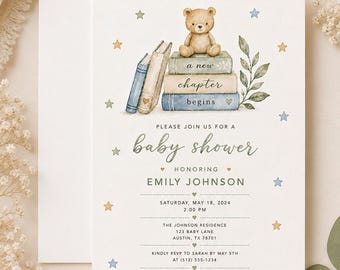 Book Themed Baby Shower Invitation, Storybook Teddy Bear Baby Shower Invite, Gender Neutral, Printed or Digital