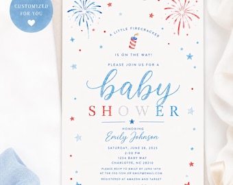 Little Firecracker Baby Shower Invitation | Personalized Patriotic Red White Blue Shower Invitation | Custom Digital Invite