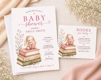 Boeken voor babyshoweruitnodiging aangepast, bunny babyshower uitnodiging, babyshower verhalenboek, bewerkbare canvasuitnodiging