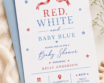 Rood wit en babyblauw uitnodigingssjabloon voor babyshower, patriottische 4 juli babyshower uitnodiging, bewerkbare canvassjabloon, zomer