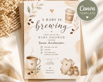 A Baby Is Brewing sjabloon uitnodiging babyshower, koffie neutraal canvas sjabloon babyshower, bewerkbare afdrukbare uitnodiging