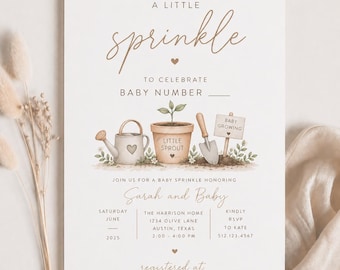 May include: A white invitation card featuring the text A LITTLE sprinkle TO CELEBRATE BABY NUMBER, an illustration of a watering can, a potted plant labeled LITTLE SPROUT, a shovel, and a sign reading BABY GROWING, with event details below.