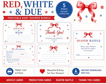 Red White & Due Baby Shower Games-bundel afdrukbaar | Patriottische babyshowerbundel | Advieskaarten luierloterij Voorspellingen Bedankkaarten
