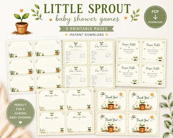 Little Sprout-bundel babyshowergames afdrukbaar | Advies voor moeder, babyvoorspellingen, luierloterij, bedankkaartjes | Tuin babyshower pdf