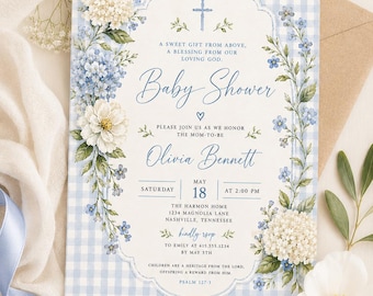 Christian Baby Shower Invitation | Blue Floral Baby Shower Invite | Printed Invitations or Personalized Digital File | Scripture Invitation