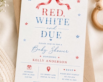 Red White and Due Baby Shower Physical Invitation, Patriotic Baby Shower Invite, Summer Baby
