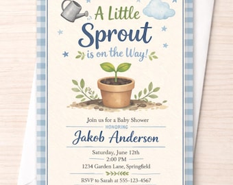 A Little Sprout – Boy Blue Baby Shower Invitation, Garden Gingham Design (5x7) (Physical or Digital)