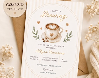 A Baby Is Brewing babyshower uitnodigingssjabloon, koffie babyshower uitnodiging, neutrale babyshower canvas sjabloon, bewerkbare latte uitnodiging