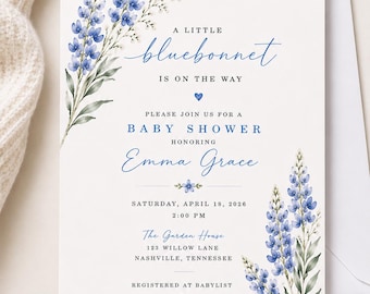 Bluebonnet Baby Shower Invitation | Little Bluebonnet Is On The Way | Watercolor Texas Wildflower Invite | Printed or Digital