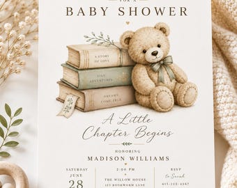 Storybook Teddy Bear Baby Shower Invitation, Bring a Book Baby Shower Invitation, Teddy Bear Baby Shower Invite, Physical or Digital